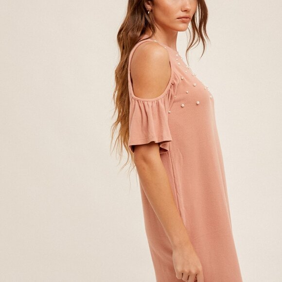 HEM & THREAD Blush Pink Pearl Cold Shoulder Dress Ruffle Sleeve Embellished - Picture 4 of 5
